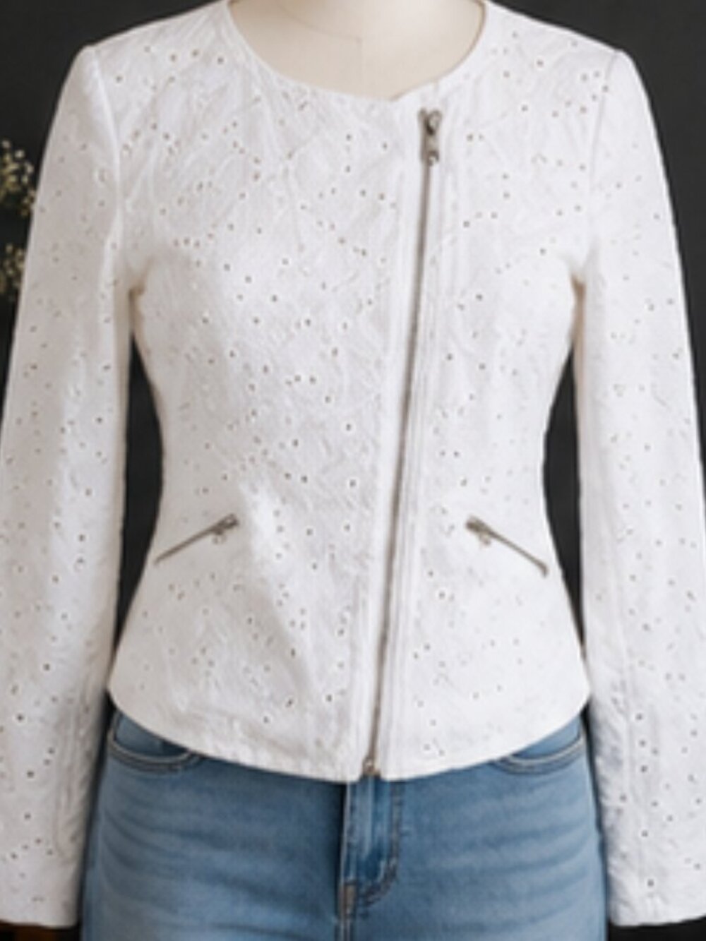 Lucky Brand White Eyelet Moto Jacket S Romantic Italian Summer Coastal Chic